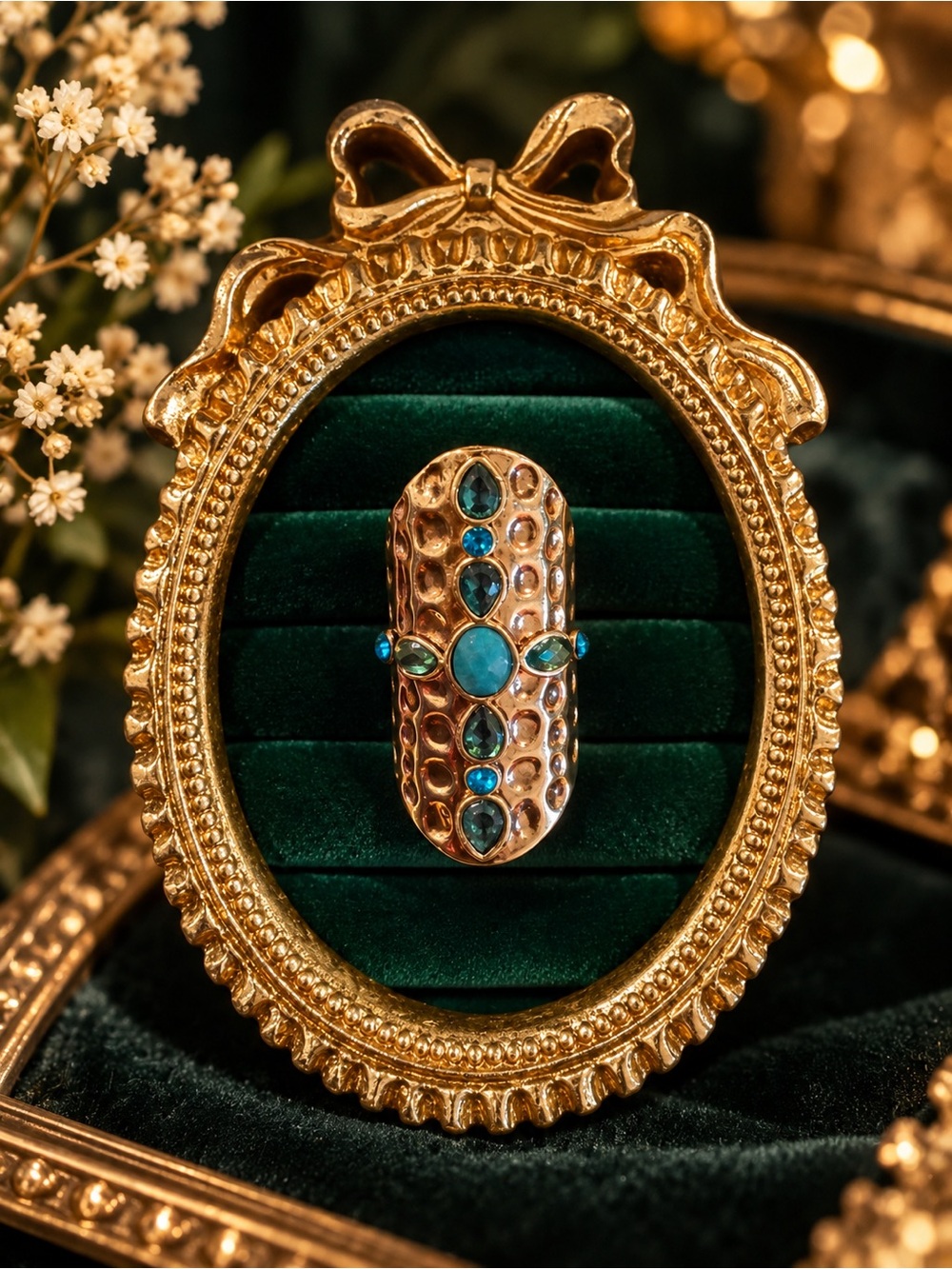 Source Unknown Gold-Tone Ring with Turquoise and Teal Stones